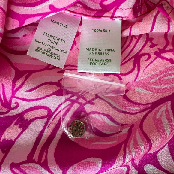 Lilly Pulitzer Elsa Top Pink Pawsitive Cattitude Floral Cats 100% Silk Blouse S - Picture 6 of 11